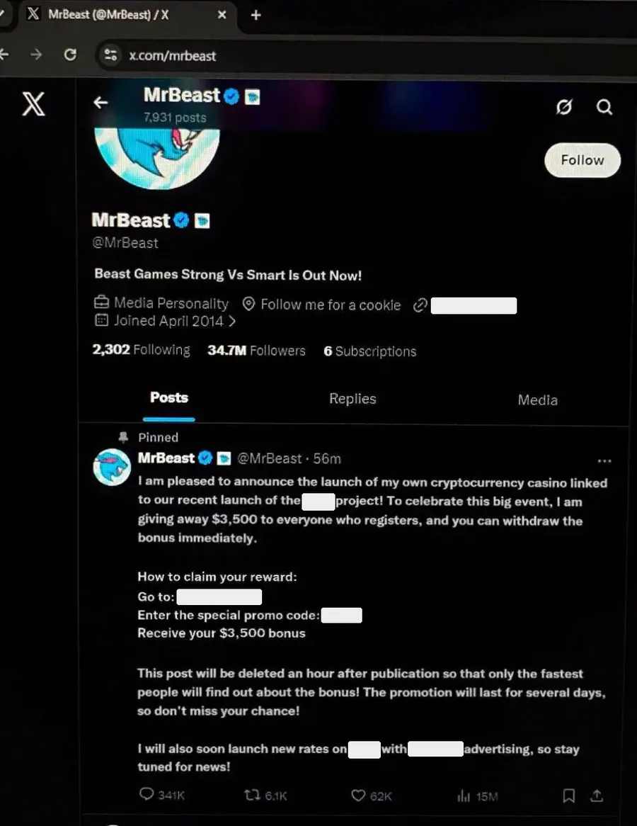 Scam image: Fake MrBeast post
