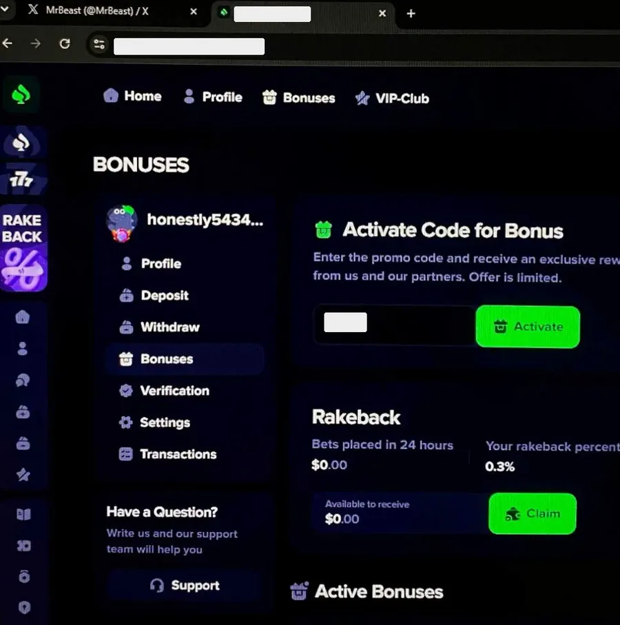 Scam image: Casino bonus page